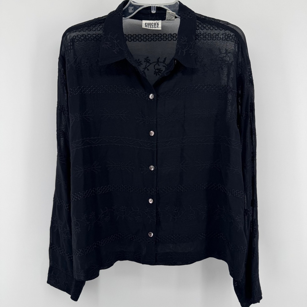 Chicos Design Blouse Womens 2 Large Black Embroidered Sheer Rayon Boho Top